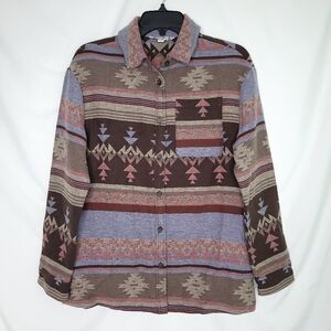 MOUNTAIN AND ISLES Women's Aztec Print Button Down Flannel Shirt XS